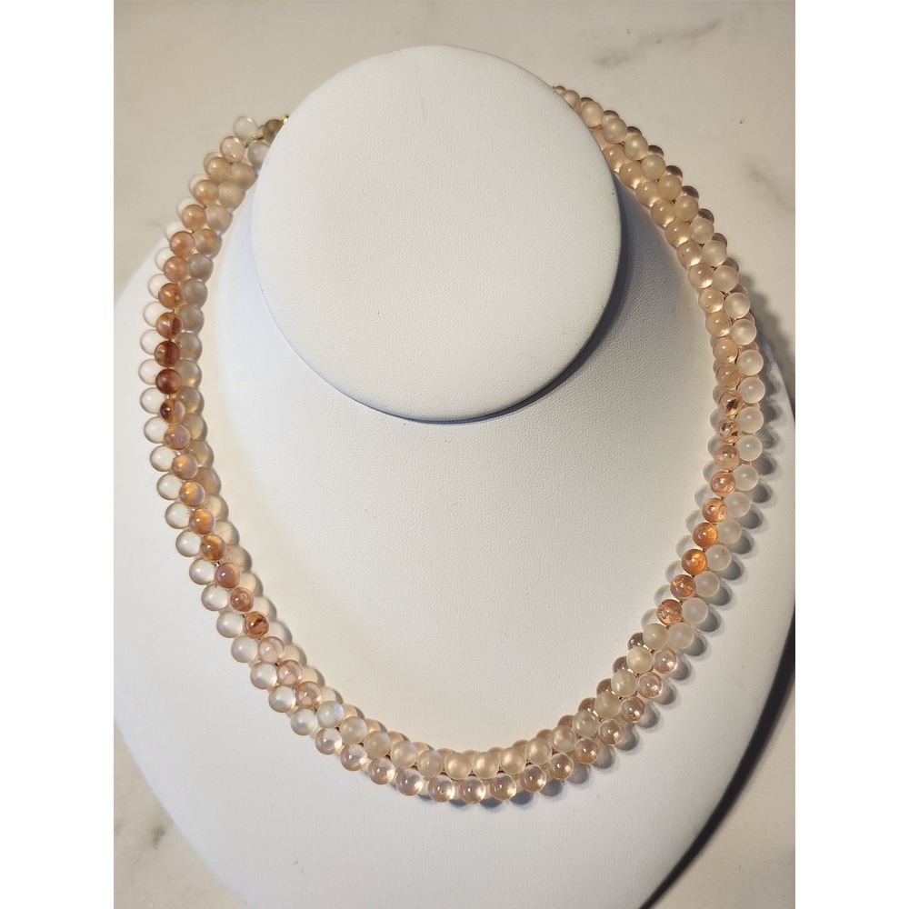 Vintage Trifari Frosted Peach Glass Double Strand Beaded Necklace Magnetic Clasp - Picture 2 of 7